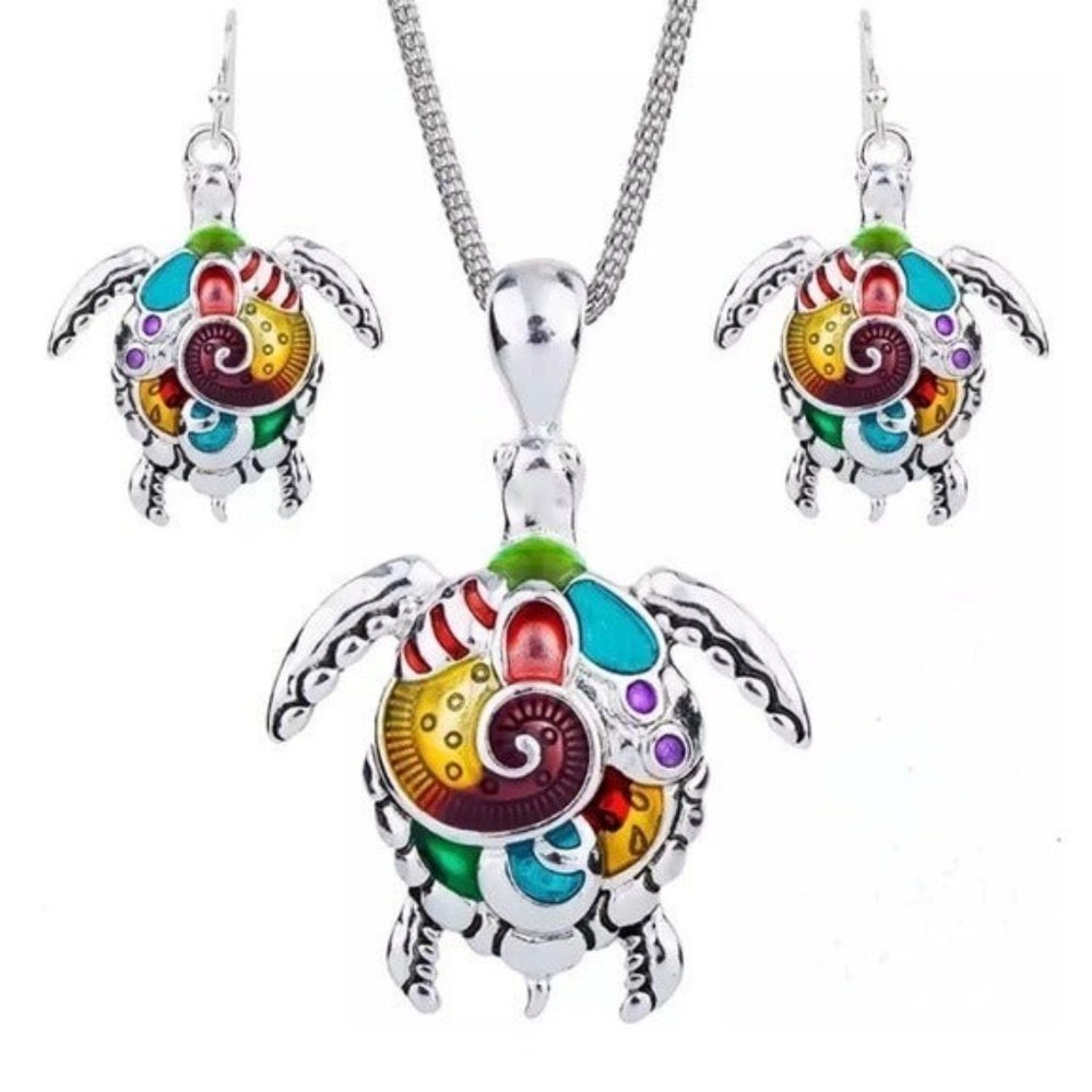 Sea turtle necklace & earrings set bohemian silver